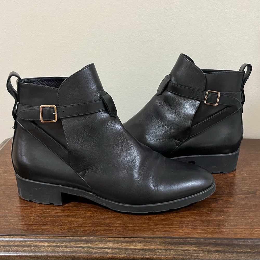 Bally Dayana Black Leather Ankle Boots with Buckle Detail Size 38